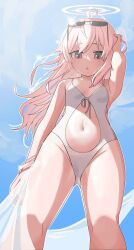 Rule 34 | 1girl, absurdres, ahoge, blonde hair, blue archive, blue sky, breasts, brown eyes, casual one-piece swimsuit, cloud, commentary request, day, eyewear on head, feet out of frame, from below, front-tie swimsuit, halo, highres, long hair, momocadraw, natsu (blue archive), navel, one-piece swimsuit, outdoors, sky, small breasts, solo, standing, sunglasses, swimsuit, white one-piece swimsuit