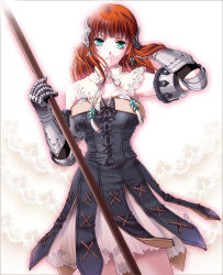 Rule 34 | 1girl, armor, armored dress, breasts, earrings, gloves, green eyes, jewelry, large breasts, looking at viewer, maronee san, nemuri, primiera, primiera (saga), pteruges, red hair, revision, saga, saga frontier 2, solo, staff, white background