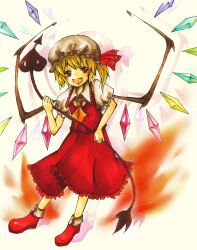 Rule 34 | 1girl, ascot, blonde hair, collared shirt, crystal, fang, flandre scarlet, frilled shirt collar, frilled skirt, frilled sleeves, frills, full body, hat, holding, holding polearm, holding weapon, laevatein (touhou), leaning forward, looking at viewer, medium hair, mob cap, multicolored wings, one side up, open mouth, polearm, puffy short sleeves, puffy sleeves, red eyes, red footwear, red skirt, red vest, shirt, short sleeves, simple background, skirt, skirt set, solo, standing, temari (up-draft), touhou, vest, weapon, white background, white hat, white shirt, wings, yellow ascot
