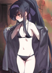 Rule 34 | 1girl, bags under eyes, bikini, black bikini, black hair, blue archive, closed mouth, cowboy shot, frown, grey jacket, groin, hairband, halterneck, highres, ito uuu, jacket, jewelry, long hair, long sleeves, looking to the side, navel, necklace, o-ring, o-ring bikini, o-ring bottom, open clothes, open jacket, ponytail, sidelocks, signature, solo, standing, sweatdrop, swimsuit, ui (blue archive), ui (swimsuit) (blue archive), undressing