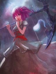 Rule 34 | 1girl, absurdres, alternate weapon, cloud, cloudy sky, flower, ghost, grey eyes, hair bobbles, hair ornament, highres, mag (huangmag), md5 mismatch, night, onozuka komachi, puffy short sleeves, puffy sleeves, purple hair, rain, sash, scythe, shirt, short sleeves, skirt, sky, smelling flower, solo, spider lily, touhou, two side up, weapon