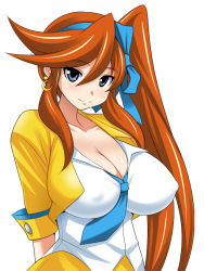 Rule 34 | 1girl, ace attorney, arms behind back, athena cykes, blue eyes, blue necktie, blush, breasts, brown hair, capcom, cleavage, covered erect nipples, crescent, crescent earrings, crescent moon, cropped jacket, earrings, hair between eyes, hair ribbon, huge breasts, impossible clothes, impossible shirt, jacket, jewelry, konno tohiro, large breasts, long hair, moon, necktie, no bra, open clothes, open jacket, phoenix wright: ace attorney - dual destinies, ribbon, shirt, side ponytail, simple background, smile, solo, very long hair, white background