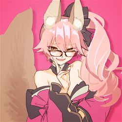 Rule 34 | 1girl, alternate costume, animal ear fluff, animal ears, bare shoulders, black-framed eyewear, black bow, bow, breasts, brown eyes, cleavage, collarbone, commentary request, cosplay, detached collar, detached sleeves, fangs, fate/grand order, fate (series), fox ears, fox girl, fox tail, glasses, hair between eyes, hair bow, hand on own chin, isagiyo, japanese clothes, kimono, koyanskaya (fate), large breasts, lips, long hair, looking at viewer, open mouth, pink background, pink hair, pink kimono, pink sleeves, ponytail, red lips, side ponytail, simple background, smile, solo, tail, tamamo (fate), tamamo no mae (fate/extra), tamamo no mae (fate/extra) (cosplay), upper body, wide sleeves