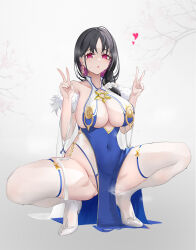Rule 34 | 1girl, absurdres, azur lane, baige0, black hair, blush, breasts, chinese commentary, commentary request, covered navel, earrings, full body, grey background, hands up, heart, highres, jewelry, large breasts, long hair, looking at viewer, mole, mole under eye, parted bangs, parted lips, pelvic curtain, purple eyes, purple hair, see-through, see-through sleeves, sideboob, solo, squatting, thighhighs, thighs, ting an (azur lane), v, white footwear, white thighhighs