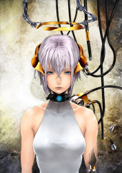 Rule 34 | 1girl, absurdres, android, bare shoulders, blue eyes, cable, collar, halo, highres, kazakami yuu, lips, original, short hair, silver hair, solo, upper body