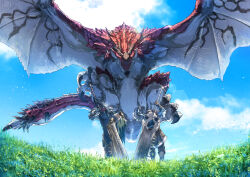 Rule 34 | 2boys, armor, back, belt pouch, blue eyes, blue sky, chin spike, cloud, dragon, flying, gloves, grass, greatsword, highres, holding, holding sword, holding weapon, horns, hunter (armor), monster hunter (character), monster hunter (series), multiple boys, open mouth, outdoors, pointy ears, pouch, rathalos, red scales, scales, sharp teeth, sky, slinger (monster hunter), spiked tail, spread wings, sword, tail, teeth, touro, weapon, wyvern
