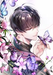 Rule 34 | 1boy, black hair, black shirt, blue butterfly, bud, bug, butterfly, butterfly on hand, closed mouth, flower, hair between eyes, insect, looking at animal, looking to the side, love and producer, male focus, oleander, pink flower, pinky out, purple butterfly, purple eyes, purple scarf, s (olath), scarf, shirt, short hair, simple background, smile, solo, string, string around finger, string of fate, turtleneck, upper body, white background, xu mo