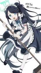 Rule 34 | 1girl, absurdly long hair, apron, aris (blue archive), aris (maid) (blue archive), black dress, black footwear, black hair, blue archive, blue eyes, bow, bowtie, broom, collared dress, dress, flat chest, frilled dress, frills, halo, highres, holding, holding broom, long hair, looking at viewer, maid apron, maid headdress, open mouth, pantyhose, short sleeves, side ponytail, simple background, smile, solo, standing, standing on one leg, strappy heels, translation request, uzura (uzrtamago), very long hair, white background, white pantyhose, wristband