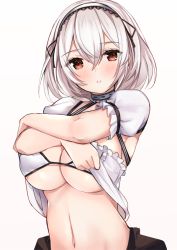 Rule 34 | 1girl, azur lane, bikini, bikini top only, blush, breasts, choker, hair between eyes, hair ornament, hairband, huge breasts, lace-trimmed hairband, lace trim, large breasts, lifting own clothes, looking at viewer, navel, red eyes, ry thae, short hair, simple background, sirius (azur lane), solo, swimsuit, white background, white bikini, white hair