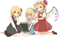 Rule 34 | 3girls, alice margatroid, alice margatroid (pc-98), aoi (annbi), ascot, barefoot, black dress, blush, book, dress, fang, flandre scarlet, hair ribbon, hands on another&#039;s shoulders, hat, kneeling, mob cap, multiple girls, open mouth, puffy short sleeves, puffy sleeves, red dress, red eyes, ribbon, rumia, shaded face, shirt, short sleeves, simple background, sitting, smile, sweat, touhou, touhou (pc-98), wariza, wings