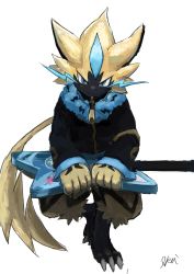 Rule 34 | 1boy, :3, animal ears, animal hands, artist name, black coat, blue eyes, blush, bottomless, cat boy, cat ears, cat tail, claws, closed mouth, clothed pokemon, coat, creatures (company), electric guitar, full body, fur collar, furry, furry male, game freak, gen 7 pokemon, guitar, happy, highres, holding, ikei, instrument, invisible chair, jpeg artifacts, legendary pokemon, light blush, lightning bolt print, lightning bolt symbol, long sleeves, looking at viewer, male focus, mythical pokemon, nintendo, pokemon, pokemon (creature), signature, simple background, sitting, smile, solo, straight-on, tail, whiskers, white background, zeraora, zipper pull tab