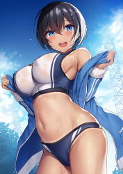 Rule 34 | 1girl, bare shoulders, black hair, blue eyes, blue jacket, blue sky, blush, breasts, commentary, commentary request, hair ornament, hairclip, jacket, large breasts, long sleeves, looking at viewer, navel, off shoulder, open clothes, open jacket, open mouth, original, outdoors, short hair, sky, smile, sports bra, transmission tower, xe (execut3r)