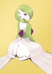 Rule 34 | 1girl, absurdres, ass, blush, bob cut, colored skin, creatures (company), curvy, dress, feet, fraankyy, from behind, game freak, gardevoir, gen 3 pokemon, green hair, green skin, hair over one eye, highres, looking at viewer, looking back, nintendo, on floor, open mouth, pokemon, pokemon (creature), red eyes, short hair, simple background, sitting, solo, thick thighs, thighs, tongue, white dress, white skin, wide hips