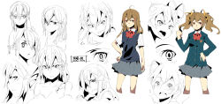 Rule 34 | ahoge, blazer, brown hair, character sheet, expressions, hair ribbon, hairclip, highres, long hair, original, red eyes, ribbon, school uniform, sketch, skirt, super zombie, sweater vest, twintails, hair ornament