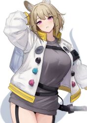 Rule 34 | 1girl, animal ear fluff, animal ears, arknights, arm behind head, breasts, brown hair, commentary, cowboy shot, grey shirt, head tilt, highres, jacket, katana, large breasts, long sleeves, looking at viewer, open clothes, open jacket, pink eyes, shirt, simple background, solo, sora mame (princess 0sora), sword, symbol-only commentary, t-shirt, tail, triangle mouth, utage (arknights), weapon, white background, white jacket