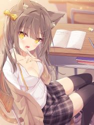 Rule 34 | 1girl, :d, animal ear fluff, animal ears, black skirt, black thighhighs, blunt bangs, blush, book, bow, breasts, brown hair, brown jacket, cat ears, cat girl, cat tail, chair, cleavage, collarbone, commentary, desk, eraser, fang, hair bow, hair ornament, hairclip, hand on own chest, hoshi (snacherubi), indoors, jacket, long hair, long sleeves, looking at viewer, miniskirt, nail polish, on chair, one side up, open book, open clothes, open jacket, open mouth, original, pen, plaid, plaid skirt, pleated skirt, school chair, school desk, shirt, shoes, sitting, skirt, small breasts, smile, solo, symbol-only commentary, tail, thighhighs, uwabaki, very long hair, white shirt, yellow bow, yellow eyes, yellow nails, zettai ryouiki