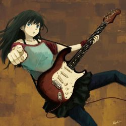 Rule 34 | 1girl, black hair, blue eyes, electric guitar, fender stratocaster, guitar, holding, holding instrument, instrument, kensight328, long hair, mole, mole under eye, original, pants, pants under skirt, pointing, pointing at viewer, simple background, solo