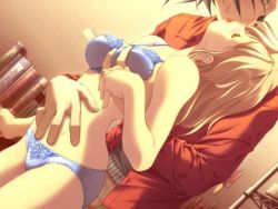 Rule 34 | 1boy, 1girl, blue bra, blue panties, book, bra, breasts, character request, closed eyes, couple, dousoukai refrain, dutch angle, french kiss, game cg, grabbing, grabbing another&#039;s breast, grabbing from behind, groping, hetero, indoors, kiss, lingerie, medium breasts, mizutani tooru, panties, tagme, tongue, tongue out, underwear, underwear only