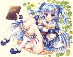 Rule 34 | 1girl, beige background, blue bow, blue eyes, blue footwear, blue hair, blue ribbon, blue skirt, blush, bow, breasts, cleavage, collar, commentary request, detached collar, flower, frilled shirt, frilled skirt, frilled sleeves, frilled socks, frills, full body, hair between eyes, hair bow, hair flower, hair ornament, hairclip, heart, heart hair ornament, holding, kneehighs, kouta., leaf, long hair, looking at viewer, mary janes, medium breasts, menu, original, panties, puffy short sleeves, puffy sleeves, ribbon, shirt, shoes, short sleeves, skirt, socks, solo, striped bow, striped clothes, striped skirt, sunflower, sunflower hair ornament, two side up, underwear, vertical-striped clothes, vertical-striped skirt, very long hair, white collar, white panties, white socks, yellow flower