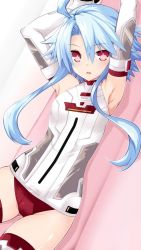 Rule 34 | 1girl, armpits, arms up, bare shoulders, blanc (neptunia), blue hair, elbow gloves, gloves, iwashi dorobou -r-, kami jigen game neptune v, leotard, looking at viewer, neptune (series), open mouth, power symbol, power symbol-shaped pupils, red eyes, short hair, short hair with long locks, solo, symbol-shaped pupils, white heart (neptunia)
