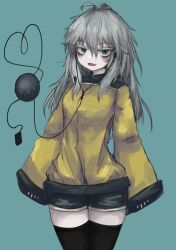 Rule 34 | 1girl, :d, alternate costume, bags under eyes, black thighhighs, blue background, cable, cowboy shot, earphones, eyeball, fang, green eyes, green shorts, grey hair, hair between eyes, heart, heart of string, highres, komeiji koishi, long hair, long sleeves, looking at viewer, no headwear, open mouth, phone, reverinth, shirt, shorts, sidelocks, simple background, sleeves past wrists, smile, solo, thighhighs, thighs, third eye, touhou, wide sleeves, yellow shirt