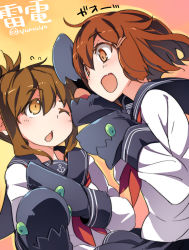 Rule 34 | 10s, 2girls, abyssal ship, brown eyes, brown hair, character name, folded ponytail, gloves, hair ornament, hairclip, hand puppet, highres, ikazuchi (kancolle), inazuma (kancolle), kantai collection, multiple girls, open mouth, personification, puppet, ro-class destroyer, school uniform, serafuku, short hair, super zombie, twitter username