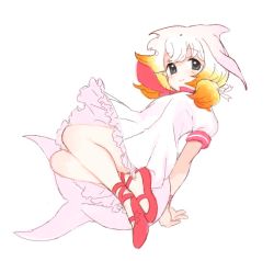 Rule 34 | 1girl, :&gt;, ankle lace-up, arms behind back, ascot, bad drawr id, bad id, black eyes, blonde hair, blowhole, blush, cetacean tail, chinese white dolphin (kemono friends), closed mouth, cross-laced footwear, crossed legs, dolphin girl, dot nose, drawr, dress, fins, fish tail, floating hair, from below, from side, full body, gradient hair, hair ribbon, harutarou, head fins, kemono friends, looking at viewer, looking to the side, low twintails, medium hair, multicolored hair, oekaki, orange hair, own hands together, petticoat, pink hair, red ascot, red footwear, ribbon, sailor dress, shoes, simple background, sleeve cuffs, smile, solo, swept bangs, tail, tareme, twintails, upskirt, white background, white dress, white hair, white ribbon