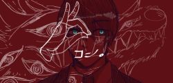 Rule 34 | 1boy, 1other, blue eyes, chainsaw man, extra eyes, fang, fangs, fox devil (chainsaw man), hair between eyes, hair tied, hair tied up, hand signs, hayakawa aki, kanji, looking at viewer, monster, outline, red background, sharp teeth, source request, teeth, white outline