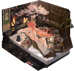 Rule 34 | 1girl, animal, antique phone, arm support, azur lane, bird, bonsai, book, bookshelf, bottle, braid, breasts, brown eyes, brown jacket, cherry blossoms, china dress, chinese clothes, covered navel, dress, fountain, from above, green footwear, hair between eyes, hand on own cheek, hand on own face, high heels, highres, holding, holding phone, hongbao, indoors, jacket, kincora, lantern, large breasts, long hair, lying, official art, on bed, on side, owl, perseus (azur lane), perseus (spring lackadaisical leisure) (azur lane), phone, photo (object), pink hair, plant, pumps, rotary phone, shoes, stiletto heels, strap, suitcase, very long hair, water, white dress