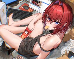 Rule 34 | 1girl, ange katrina, animal ears, barefoot, black shirt, blue eyes, blush, breasts, cat, chips (food), crossed bangs, eating, food, food in mouth, from above, full body, hair between eyes, hair intakes, highres, kamitoge supino, keyboard (computer), medium breasts, mouse ears, mouth hold, naked shirt, nijisanji, red hair, see-through, shirt, short hair, sitting, solo, strap slip, sweat, tablet pc, virtual youtuber