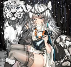 Rule 34 | 1girl, absurdres, ahoge, animal ear fluff, animal ears, animal print, arknights, bead necklace, beads, bell, black footwear, boots, braid, dress, feet out of frame, fur-trimmed boots, fur trim, grey eyes, grey thighhighs, hands up, head chain, highres, holding, holding bell, holding own tail, jewelry, kanniiepan, leopard, leopard ears, leopard girl, leopard print, leopard tail, long sleeves, necklace, pelvic curtain, pramanix (arknights), side braids, silver hair, sitting, snow leopard, snowing, tail, thighhighs, thighs, turtleneck, turtleneck dress, twin braids, white dress, wide sleeves