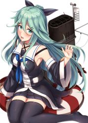 Rule 34 | 10s, 1girl, aqua eyes, bare shoulders, black dress, black thighhighs, blue neckerchief, blush, bow, breasts, choker, collarbone, commentary request, cowboy shot, detached sleeves, dress, from above, full body, funnel, green hair, hair between eyes, hair bow, hair flaps, hair ornament, hairclip, ichikawa feesu, kantai collection, lifebuoy, long hair, looking at viewer, machinery, medium breasts, neckerchief, open mouth, ponytail, propeller, school uniform, serafuku, simple background, smokestack, solo, swim ring, thighhighs, white background, wide sleeves, yamakaze (kancolle), zettai ryouiki