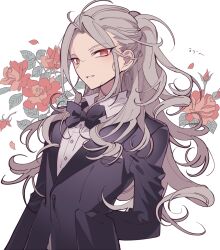 Rule 34 | 1boy, arm behind back, bad id, bad pixiv id, black bow, black bowtie, black jacket, bow, bowtie, collared shirt, ensemble stars!, floral background, flower, formal, grey hair, hair between eyes, jacket, lapels, long hair, long sleeves, looking at viewer, male focus, meremero, open mouth, ran nagisa, red eyes, red flower, red rose, rose, shirt, smile, solo, upper body, white background, white shirt
