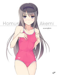 Rule 34 | 10s, 1girl, akemi homura, artist name, ayase (ayasegiken), black hair, blush, breasts, character name, competition school swimsuit, cowboy shot, embarrassed, grey hair, hair between eyes, hairband, hip focus, long hair, looking at viewer, mahou shoujo madoka magica, mahou shoujo madoka magica (anime), one-piece swimsuit, parted lips, pink one-piece swimsuit, purple eyes, school swimsuit, sidelocks, simple background, small breasts, solo, standing, swimsuit, very long hair, white background, wide hips