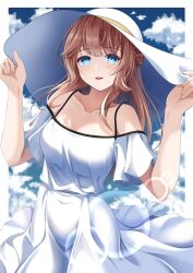 Rule 34 | 1girl, alternate costume, bare arms, blue sky, breasts, cloud, cloudy sky, dress, hachiware (8ware63), hat, highres, kantai collection, medium breasts, medium hair, outdoors, ranger (kancolle), sky, spaghetti strap, straw hat, sun hat, sundress, white dress