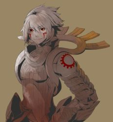 Rule 34 | .hack//, .hack//g.u., .hack//roots, 00s, 1boy, armor, armor plate, bad id, bad pixiv id, bandai, bare shoulders, brown background, cyber connect 2, elbow gloves, farbevogel5, gloves, haseo, haseo (.hack//), male focus, red eyes, smile, solo, tattoo, white hair