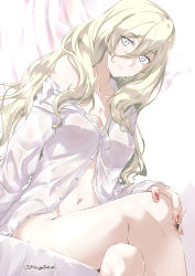 Rule 34 | 1girl, blonde hair, blouse, breasts, cleavage, crossed legs, grey eyes, hair between eyes, kantai collection, long hair, looking at viewer, mikage takashi, mole, mole under eye, nail polish, naked shirt, navel, no headwear, off shoulder, open clothes, open shirt, richelieu (kancolle), shirt, sitting, smile, solo, twitter username, wavy hair, white shirt