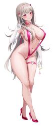 Rule 34 | 1girl, absurdres, breasts, cellphone, cellphone charm, charm (object), choker, gloves, goddess of victory: nikke, grey hair, grin, groin, hand up, heart, highres, holding, holding phone, horai sennkyo, horns, large breasts, long hair, mole, mole under eye, navel, one-piece swimsuit, phone, pink choker, pink eyes, pink one-piece swimsuit, simple background, slingshot swimsuit, smartphone, smile, solo, stomach, swimsuit, thigh strap, thighs, v, very long hair, viper (nikke), white background, white gloves