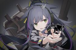 Rule 34 | 1girl, absurdres, aiming, aiming at viewer, animal ears, arknights, cat ears, cat girl, chichi guai, commentary, grey bag, grey jacket, grey shirt, gun, hair ornament, highres, holding, holding gun, holding weapon, id card, jacket, jessica (arknights), jessica the liberated (arknights), long hair, lower teeth only, multicolored hair, open mouth, ponytail, purple hair, shirt, solo, streaked hair, teeth, upper body, weapon, yellow eyes
