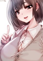 Rule 34 | 1girl, bad id, bad twitter id, blush, breasts, brown eyes, brown hair, bursting breasts, cleavage, large breasts, looking at viewer, open mouth, school uniform, short hair, smile, solo, souryu, uniform, upper body