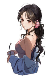 Rule 34 | 1girl, bare shoulders, black hair, blue jacket, breasts, brown eyes, commentary, cup, drinking straw, flower, from side, hair ornament, holding, holding cup, jacket, kuza brs, long hair, long sleeves, looking at viewer, looking to the side, medium breasts, off shoulder, open clothes, open jacket, original, parted lips, simple background, sleeves past wrists, solo, white background