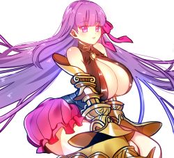 Rule 34 | 10s, 1girl, bare shoulders, breasts, cleavage, collar, fate/extra, fate/extra ccc, fate/grand order, fate (series), female focus, gauntlets, gradient background, hair ornament, hair ribbon, highres, huge breasts, long hair, looking at viewer, passionlip (fate), purple eyes, purple hair, ribbon, shorts, simple background, solo, tev, thighs, very long hair, weapon