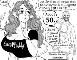 Rule 34 | 1boy, 1girl, 1koma, absurdres, alignment chart, asymmetrical arms, bb (baalbuddy), bed invitation, body freckles, breasts, bulge, clothes writing, comic, commentary, coomer (meme), cow horns, demon girl, english commentary, english text, freckles, fuck-me shirt, greyscale, hand on own chin, highres, horns, large breasts, long hair, meme, meme attire, monochrome, oral invitation, original, pointy ears, solo focus, speech bubble, stroking own chin, tail, topless male
