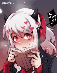 Rule 34 | 1girl, artist name, book, breasts, demon girl, demon horns, headphones, heart, heart-shaped pupils, helltaker, holding, holding book, horns, large breasts, long hair, long sleeves, looking at viewer, mibry (phrysm), modeus (helltaker), musical note, red eyes, ribbed sweater, solo, speech bubble, spoken musical note, sweatdrop, sweater, symbol-shaped pupils, turtleneck, turtleneck sweater, upper body, white hair