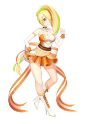 Rule 34 | 1girl, abeen jhong, absurdres, alternate breast size, bare shoulders, blonde hair, boots, bow, breasts, bridal gauntlets, choker, closed mouth, detached collar, dress, eyes visible through hair, full body, gloves, green hair, hand on own hip, high heel boots, high heels, highres, idol, idol clothes, legs, long hair, medium breasts, multicolored hair, nikaidou saki, orange dress, orange eyes, orange hair, ponytail, red hair, short dress, smile, solo, strapless, strapless dress, streaked hair, very long hair, waist bow, white footwear, white gloves, wrist cuffs, zombie land saga