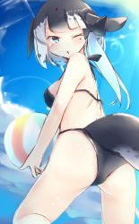 Rule 34 | 10s, 1girl, absurdres, ass, ball, beachball, bikini, black bikini, black bow, black hair, blue sky, bow, breasts, cetacean tail, cloud, day, fins, fish tail, from behind, hair bow, highres, kanzakietc, kemono friends, lens flare, looking at viewer, looking back, medium breasts, multicolored hair, narwhal (kemono friends), outdoors, sideboob, sketch, sky, solo, swimsuit, tail, two-tone hair, white hair