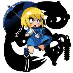 Rule 34 | 1girl, blonde hair, blue footwear, blue umbrella, blush, boots, eyelashes, futaba channel, ghost, gloves, grey eyes, holding, holding umbrella, open mouth, rubber boots, shadow, short hair, solo, soxy, test-jun, umbrella, white gloves