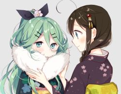 Rule 34 | 10s, 2girls, ahoge, alternate costume, black ribbon, blue eyes, blush, braid, brown hair, closed mouth, covering own mouth, floral print, flower, fur, green eyes, green hair, grey background, hair between eyes, hair flaps, hair flower, hair ornament, hair over shoulder, hair ribbon, hairclip, hairpin, japanese clothes, kantai collection, kimono, long hair, long sleeves, looking at another, multiple girls, naoto (tulip), obi, ponytail, profile, purple kimono, remodel (kantai collection), ribbon, sash, shigure (kancolle), simple background, single braid, smile, tareme, upper body, yamakaze (kancolle)