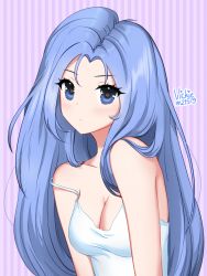 Rule 34 | 1girl, bare shoulders, blue eyes, blue hair, blush, borrowed character, breasts, camisole, cleavage, commentary, forehead, highres, long hair, looking at viewer, medium breasts, bae minah (chaesu), original, purple background, solo, strap slip, striped, striped background, upper body, vertical stripes, very long hair, vickie (cryingrobot)