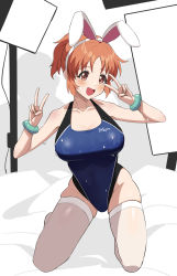 Rule 34 | 1girl, abe nana, animal ears, blue one-piece swimsuit, bracelet, brown eyes, brown hair, chinese commentary, collarbone, competition swimsuit, double v, fake animal ears, full body, highleg, highleg swimsuit, highres, idolmaster, idolmaster cinderella girls, jewelry, kneeling, one-piece swimsuit, open mouth, ponytail, rabbit ears, short hair, solo, swimsuit, thighhighs, v, white thighhighs, za yu a